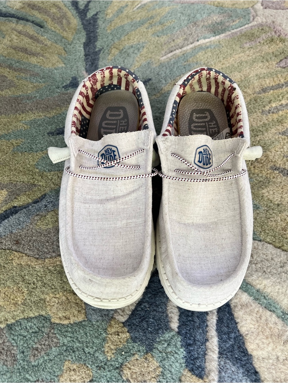 Hey Dude Cream Canvas Slip-On Loafers with Flag Liner